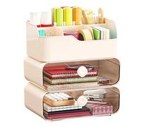 Vookkp Desk Organiser with 2 Drawers 3 Tier Stackable Desk Tidy Organiser with Pen Holder 6 Grids Large Capacity Storage Box Desktop Stationary Makeup Organizer for School Office Home