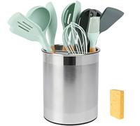 Vookkp Utensil Holder Stainless Steel Kitchen Utensils Holder 360° Rotating Cooking Utensil Pot Utensil Storage Caddy with Removable Divider Non-Slip Cutlery Holder for Countertop with Cleaning Sponge