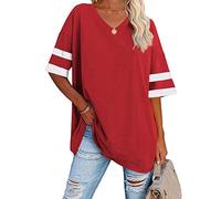 Voopptaw Ladies Oversized Tshirt Tops V Neck Simple Striped Baseball Tee Shirt Tops Red M