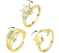 VOOSFSIE 3 PCS Anxiety Ring for Women, Gold Fidget Ring for Teen Girls, Adjustable Open Spinner Rings for Anxiety Women Daughter, Moon and Star Adjustable Rings for Men Birthday Gifts