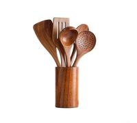 Vootnifig Natural Wood Cooking Utensils Set Long Handle Kitchen Tools Rice Colander Soup Ladle Spatula Spoons 4/6/8 Pcs(5+1Pcs)