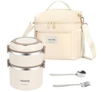 Voova Stackable Stainless Steel Lunch Box with Insulated Lunch Bag and Cultery Set for Kids Adult Women Men, 2 Tiers Leakproof All-in-One Bento Boxes Food Container for Work School Beige