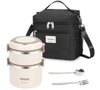 Voova Stackable Stainless Steel Lunch Box with Insulated Lunch Bag and Cultery Set for Kids Adult Women Men, 2 Tiers Leakproof All-in-One Bento Boxes Food Container for Work School (Black)