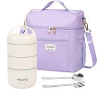 Voova Stackable Stainless Steel Thermal Lunch Box with Lunch Bag and Cultery Set for Adult Women Men, 3 Tier Leakproof & Microwave Safe Insulated Bento Boxes Food Container for Work, Purple