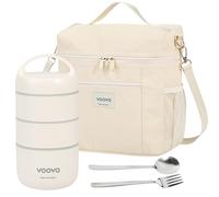 Voova Stackable Stainless Steel Thermal Lunch Box with Lunch Bag and Cultery Set for Adult Women Men, 3 Tier Leakproof & Microwave Safe Insulated Bento Boxes Food Container for Work, Beige