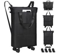 VOOWO Duffel Bag with Wheels - Rolling Foldable Expandable Duffle Bag with Wheels for Travel, Rolling Luggage Carry On Bag with Wheels, Large Rolling Backpack Weekend Bags for Men Women, Black,