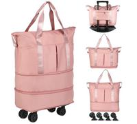 VOOWO Rolling Duffle Bag with Wheels, Expandable Foldable Duffel Bag with Wheels for Travel, Rolling Luggage Carry on Duffel Bag, Wheeled Travel Duffle Bag, Large Weekend Bag for Women & Men, Pink,