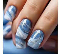 Vopintpy Blue White Gradient Press on Nails Short Square Fake Nails with Design Glossy Full Cover Glue on Nails Reusable Stick on Nails for Women DIY Charm Manicure