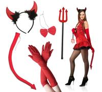 VOPIWOZ Devil Costume Women's 5-Piece Set, Halloween Devil Horns, Trident Devil, Red Gloves Long, Bow Tie & Devil Tail, for Women, Halloween, Carnival, Masquerade, Theme Party, Cosplay
