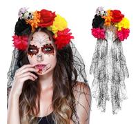 VOPIWOZ Dia de Los Muertos Headband with Black Veil Halloween Skull Flower Headband Gothic Hair Accessory 2 Face Tattoos Halloween Day of the Dead Carnival