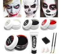 VOPIWOZ Halloween Make Up Set, White Black Red Face Paint + Artificial Blood + Sponge + Primer Watercolour Makeup and 2 Makeup Brushes for Theatre Make-Up, Joker Make-Up, Vampire and Zombie Make-Up