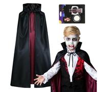 VOPIWOZ Halloween Vampire Costume, Vampire Cape Children and Adults for Halloween and Carnival, with Teeth, Artificial Blood and White Paint, Dark Red and Black, Reversible Vampire Cape (90 cm)