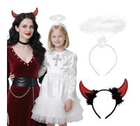 VOPIWOZ Set of 2 Devil Horns and Angel Headband Set, Halloween Headpiece Women, White Angel Halo, Halloween Accessories for Angel and Devil Costume Women, for Carnival Theme Party Cosplay
