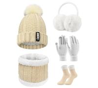 Voqeen 5PCS Womens Winter Scarf Set Knitted Thickend Hat Scarf Set Plush Ear warmers Touch Screen Gloves Thermal Socks For Skiing Outdoor Sports