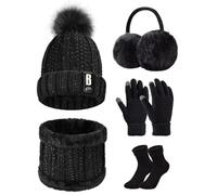 Voqeen 5PCS Womens Winter Scarf Set Knitted Thickend Hat Scarf Set Plush Ear warmers Touch Screen Gloves Thermal Socks For Skiing Outdoor Sports
