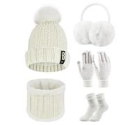 Voqeen 5PCS Womens Winter Scarf Set Knitted Thickend Hat Scarf Set Plush Ear warmers Touch Screen Gloves Thermal Socks For Skiing Outdoor Sports