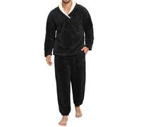 Voqeen Mens Pyjamas Set Fluffy Winter 2 Pieces Mens Pjs Sets Soft Fleece Warm Loose Loungewear Sets Cozy Long Sleeve Pajamas For Home Black