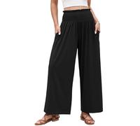 Voqeen Women's Black Wide Leg Palazzo Trousers, High Waisted, Smocked Waist, Elastic Waist, Medium Size M, 30 Inseam, Perfect for Active Women, Outdoor Enthusiasts, Casual Wear Lovers