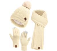Voqeen Women's Hat Scarf and Gloves Set Winter Thermal Cold Weather Sets 3 in 1 Fleece Lined Beanie Hats with Pom Pom Warm Knitted Neck Warmer Touchscreen Gloves for Ladies