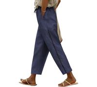 Voqeen Womens Linen Trousers with Elasticated Waist for Summer Cropped Trousers Wide Leg Lightweight with Drawstring Pockets Casual Loose Palazzo Pants Hollow Beach Bottoms for Holiday Navy Blue