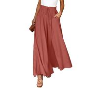 Voqeen Womens Wide Leg Trousers Summer Culottes Elastic High Waist Flowy Palazzo Trousers Loose Flared Pants Casual Baggy Trousers with Drawstring Pockets Lightweight Work Bottoms for Ladies Brown