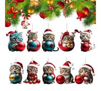 Vordpe Pack of 10 Christmas Tree Cat Pendants, Acrylic Cartoon Cat Decorative Ornaments, 2D Fun Christmas Pendant Decoration