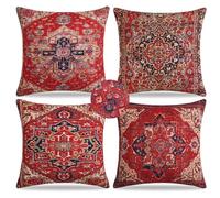 Voreppy Red Cushion Covers 45x45cm Antique Oriental Turkish Carpet Pattern Waterproof Linen Throw Pillow Covers Boho Cushion Protectors for Living Room Sofa Bedroom Outdoor Garden
