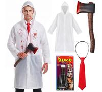 VorErgyllic 4pc Adults Psycho Costume Halloween Accessory Set | Clear Rain Coat, Fake Blood, Fake Axe, Red Tie Business - Serial Killer Outfit - Mens Adult Halloween Fancy Dress