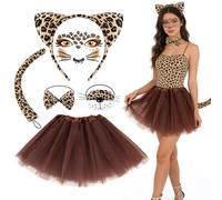 VorErgyllic Leopard Print Costume Set Leopard Ear Headband Tail,Bow Tie Tutu Skirt,Face Tattoo Stickers for Girls Women Carnival Cosplay Christmas Halloween Animal Party Dress (BROWN 2)