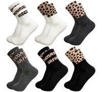 VorErgyllic Leopard Print Cotton Socks, 6 Pairs Women’s Calf Length Leopard Socks Ladies Crew Boot Sock Soft Breathable Tennis Sock for Girls Business Work Hiking Sports