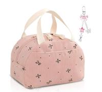 VorErgyllic Reusable Bow Pink Lunch Bag and Bowknot Keychain 2 Pieces Set, Insulated Lunch Bags, Large Capacity Leakproof Lunch Box, Cute Bow Star Beaded Key Chain for School Commutes Travel