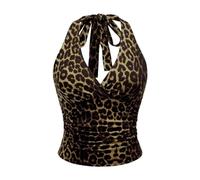 VorErgyllic Women's Leopard Print Crop Top | Ruched Backless Halter Neck TieTop with Lace Trim | Sexy Grunge Punk Y2K Cami for Party, Club & Night Out