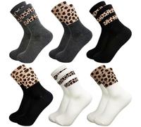 VorErgyllic Women's Leopard Print Socks, 6 Pairs Cotton Socks Soft Breathable Tennis Sock Calf Length Leopard Socks Crew Boot Sock for Girls Business Work Hiking Sports