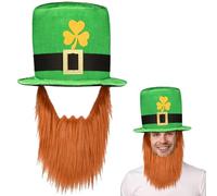 VorIrydian Adult Deluxe Green Leprechaun Top Hat with Ginger Beard St Patrick's Day Accessories Velvet Hat One Size Irish Fancy Dress Costume Accessory for Men and Women (One Size)