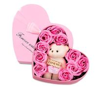 VorIrydian Artificial Rose Box, Teddy Bear with Rose Gift Box, Forever Rose Gifts, Soap Rose Flower, Soap Flower, Fake Flower Gift Boxes, Romantic Gift for Valentine's Day Wedding Mother's Day, Pink