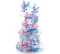 VorkiVecKi Blue Axolotl Cupcake Stand - 3 Tiers Cute Axolotl Birthday Party Decorations for Kids Animals Cake Holders Supplies Happy Tiered Dessert Pastry Tower Cardboard Table Shortcake Display Decor