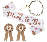 VorkiVecKi Cow Baby Shower Decorations - 4 Pcs Highland Cow Mom and Dad to Be Sash Flower Crown Pins Corsage Belt Badge Set, Gender Reveal Party Decor Supplies Maternity Pregnancy Gift for Mommy Daddy
