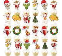 VorkiVecKi Feliz Navidad Cupcake Toppers - 24 Pcs Mexican Christmas Party Decorations Cup Cake Toppers Picks, Funny Fiesta Santa Taco Sombrero Cactus Holiday Party Decor Supplies for Kids Women Men