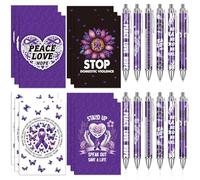 VorkiVecKi Purple Ribbon Pens Notepads - 24 Pcs Domestic Violence Awareness Retractable Ball Point Pen Black Ink and Mini Notebooks Bulk Inspirational Favors Set for Women Charity Fundraiser Community
