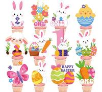 VorkiVecKi Some Bunny is One Decorations - 24 Pcs Easter First Happy Birthday Party Cupcake Cake Toppers Colorful Rabbit Eggs Carrot Flower Spring Table Picks Supplies Decor Ornaments for 1st Girls