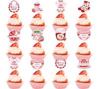 VorkiVecKi Strawberry Baby Shower Decorations - 36 Pcs Cupcake Toppers Set | A Berry Sweet Baby Is on the Way Gender Reveal Party Cake Topper Favors Supplies Shortcake Dessert Insert Picks for Girl
