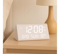 VORRINC Digital Wooden Alarm Clock with 2 Alarms/Date/Weekday/Temperature Display, Adjustable Brightness & Volume, Alarm Clock with Power Connection and 2 USB Charging Ports for Home and Office
