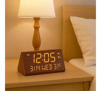 VORRINC Digital Wooden Alarm Clock with 2 Alarms/Date/Weekday/Temperature Display, Adjustable Brightness & Volume, Alarm Clock with Power Connection and 2 USB Charging Ports for Home and Office
