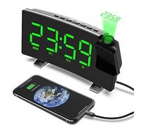 VORRINC Projection Alarm Clock, Digital Alarm Clock Radio with Projection, 180°, USB Port, Double Alarms, Snooze, 12/24H, Green, 180mm x 46mm x 91mm