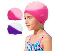 Vorshape Swim Cap Kids (2 Pack), Durable Waterproof Swimming Cap for Girls Boys Teens Toddler, Comfortable Fit for Long Hair and Short Hair, Purple&Pink