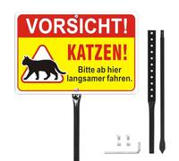 "Vorsicht! Katzen! Bitte langsam fahren" Sign with German Text "Vorsicht | 30 x 20 cm Safety Sign Pet on the Road with Posts, Aluminium UV Protected, Easy Installation, for Outdoor Use