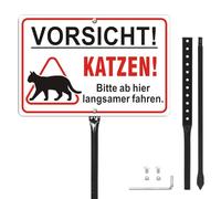 "Vorsicht! Katzen! Bitte langsam fahren" Sign with German Text "Vorsicht | 30 x 20 cm Safety Sign Pet on the Road with Posts Aluminium UV Protected Easy Mounting for Outdoor Use