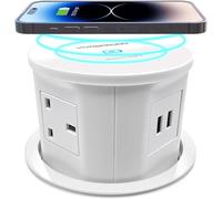VORSPRUNG® Automatic POP UP Sockets Kitchen Worktops Offices, Wireless hidden retractable pop-up 3 pin plugs,2x USB + Qi charging, ipads phones +surge protection charge (White)
