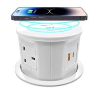 VORSPRUNG® Pop Up Power Socket with Qi Wireless Charger - Automatic Retractable Desk Socket for Kitchen Worktop or Office - Metal & Plastic Construction, 4 UK 3 Pin Plugs, 2 USB Ports (White)