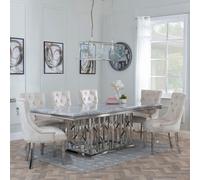 Vortex Dining Set - 10 Seater - 220cm - Grey Marble & Chrome - Knocker Back Dining Chairs - Champagne Velvet Fabric - Chrome Legs